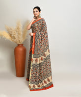 Cream-Orange Pure Bagru Pashmina Kalamkari Printed Sico Chanderi Saree